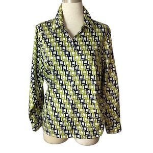 Jones New York Button Up Blouse Shirt Women’s 2X Chainlink Geometric Print